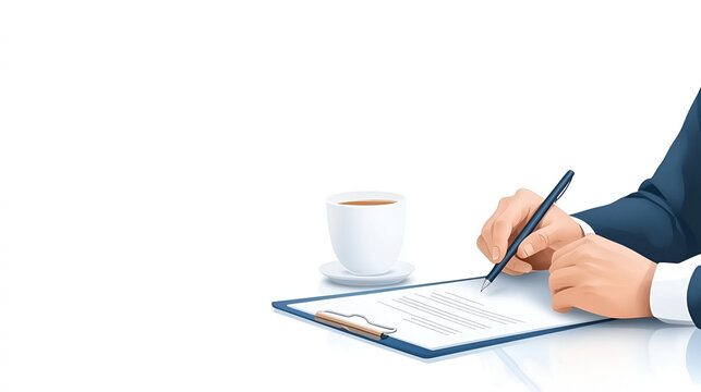 A steaming cup of coffee, a pen poised over a notebook, and a laptop open on a cluttered desk signal the start of a busy workday