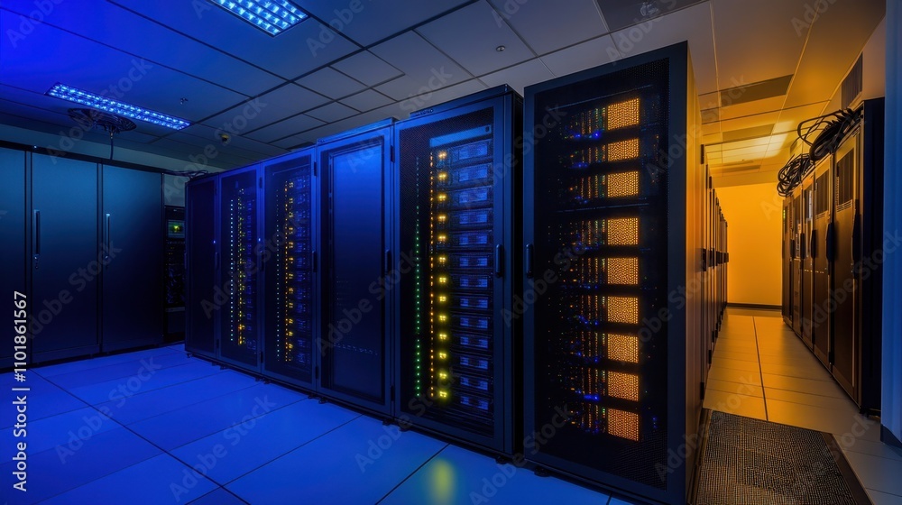 Poster advanced data center with rows of servers, bathed in dynamic blue and yellow light, symbolizing tech