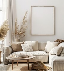 A cozy living room with a white sofa. wooden coffee table. and natural decor
