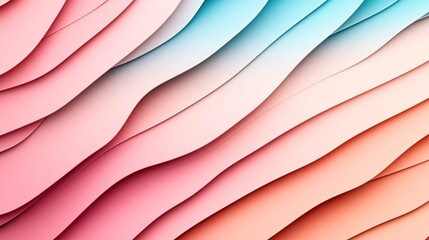 Obraz premium Abstract image featuring overlapping curved layers in pastel colors, mainly pink, orange, and blue, creating a wavy pattern with a gradient effect.