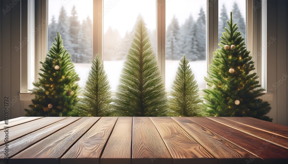 Aufkleber  A wooden table stands empty except for space for display items and a few Christmas trees in_1(753)