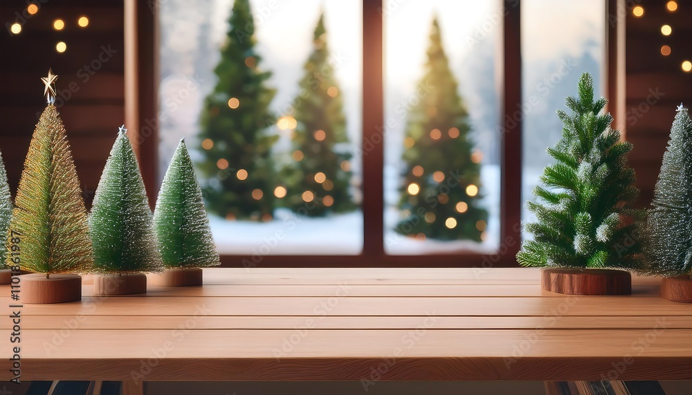 Aufkleber  A wooden table stands empty except for space for display items and a few Christmas trees in_1(751)