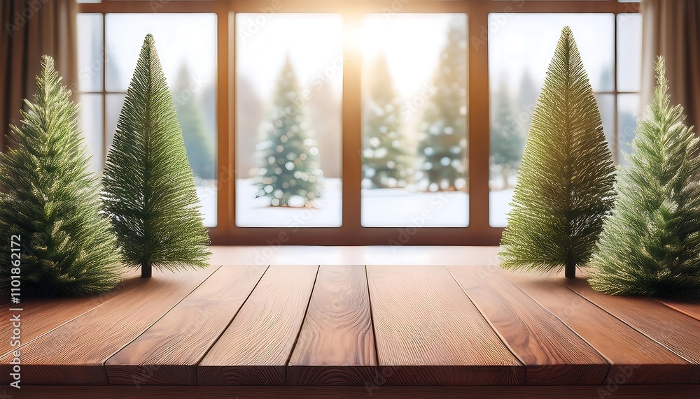 Aufkleber  A wooden table stands empty except for space for display items and a few Christmas tree_1(754)