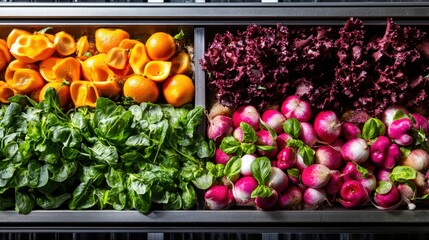 An industrial machine processes colorful vegetables, blending automation with the natural vibrancy of fresh produce for healthy eating solutions