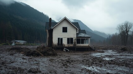 Trees surround the somber aftermath of a natural disaster, buried under mudslides and debris