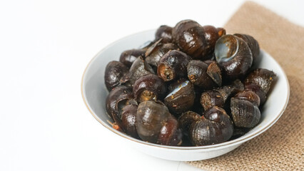 Stir-fried mussels in a small bowl isolated on white background