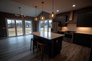 Featuring navy blue cabinets, gold pendants, and an elegant island, this luxurious modern kitchen combines contemporary design with chic, upscale finishes.