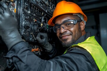 A portrait of a confident worker in an industrial setting, next to machinery.