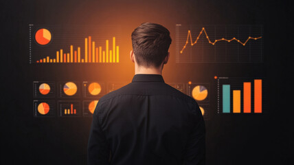 A man analyzes data visualizations on a screen, showcasing various charts and graphs in an engaging, illuminated environment.