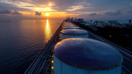 The oil terminal, seen from above at night, is an industrial facility that holds oil and petrochemical products, preparing them for transport to additional storage locations within the city skyline.