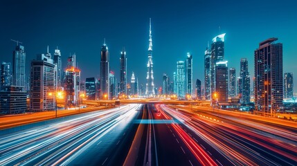 Obraz premium A vibrant night view of a modern city skyline with illuminated skyscrapers, featuring a prominent tower and light trails from moving vehicles.