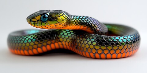 Fototapeta premium Vibrant iridescent snake coiled on white background.