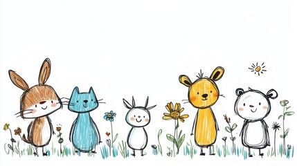 Obraz premium Cute hand-drawn animals standing in a colorful meadow surrounded by flowers and sunshine, cheerful illustration