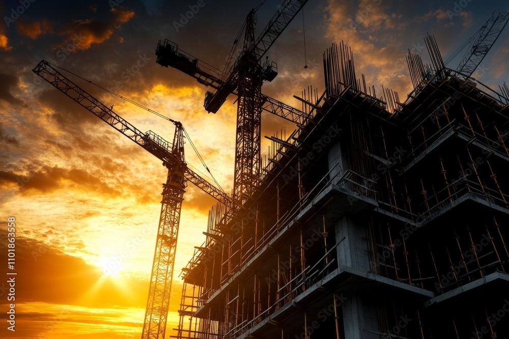 Poster Silhouette of an engineer and construction team at a site, with a blurred background, combined with an industry scene and light fair, created using multiple reference images.