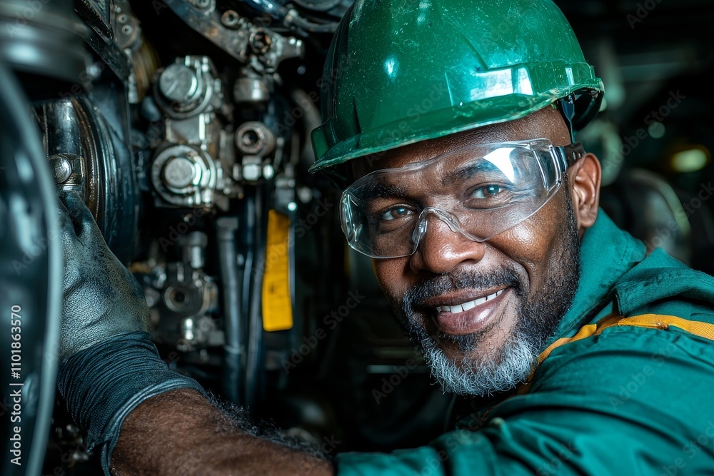 Poster A factory worker in a uniform is running a manual lathe in a metal industry setting.