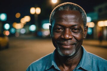 Fototapeta premium Close portrait of a smiling senior Togolese man looking at the camera, Togolese city outdoors at night blurred background