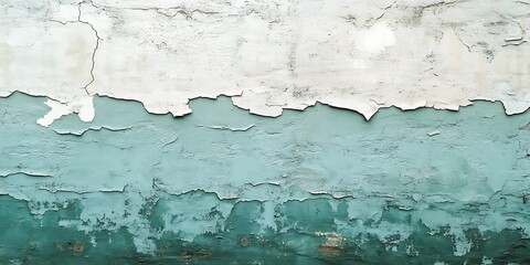 Obraz premium Peeling paint on a wall, showing teal and white layers.