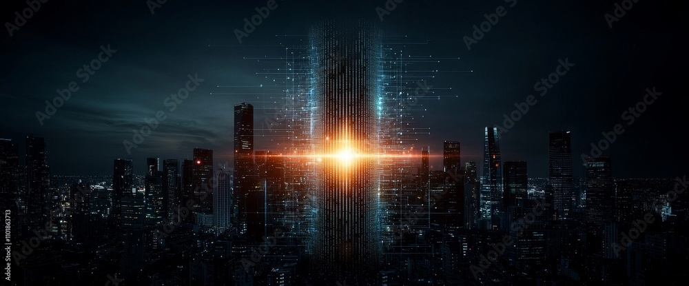 Poster A gradient line and an aesthetic wave design link an abstract dot point to a smart city, symbolizing a big data connection technology concept with intricate aesthetics.