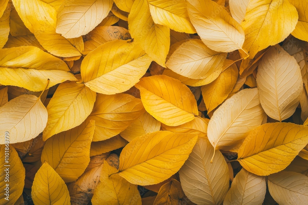 Poster the yellow foliage in autumn is pictured in the background of a close-up of fallen leaves.