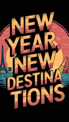 Celebratory graphic showcasing vibrant New Year theme with landmarks symbolizing travel and adventure