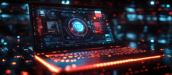 Obraz premium Futuristic laptop with glowing screen and keyboard in a dark cyber space setting.