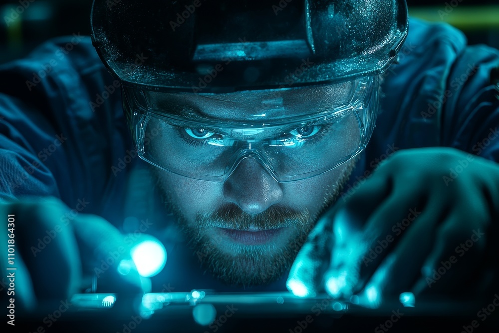 Poster the engineer in the industry, wearing a safety uniform, used a vernier caliper to measure the object