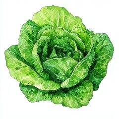 Fresh green lettuce head with crisp leaves on white background.