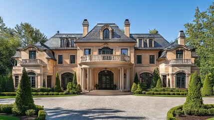 Magnificent French-Style Mansion with Grand Entrance and Landscaped Grounds