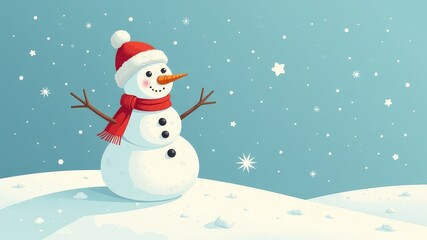 Fototapeta premium Snowman with red scarf and hat standing on snowy hill. Winter and festive mood concept
