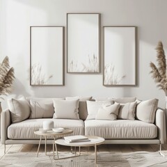 Minimalist living room interior with a beige sectional sofa. three empty frames. a coffee table. and a throw blanket