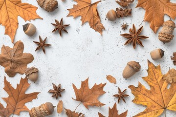 A fall yellow leaf frame on a stone surface on an autumn background. Thanksgiving day. The season is in full swing. Copy space included.