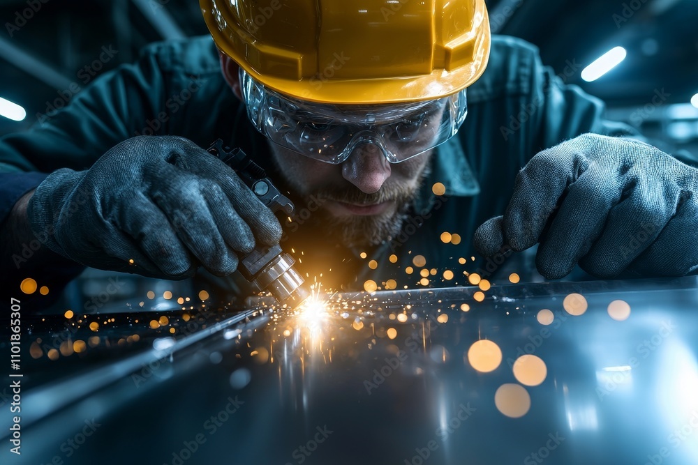 Poster In a production hall, a factory worker in uniform and hardhat uses a push-button joystick to operate an industrial machine.