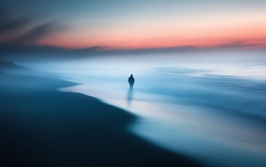 A lone figure in the middle of fog, his silhouette symbolizing faith and solitude, surrounded by the soft, ethereal mist, evoking reflection and peace