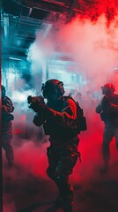 Fototapeta premium Military Special Forces in Action: Smoke and Red Lighting