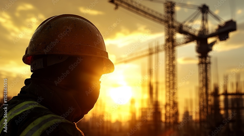 Leinwandbilder A shadowed figure of an engineer and construction team at a site, against a hazy industrial background with light film grain, compiled from several reference images.