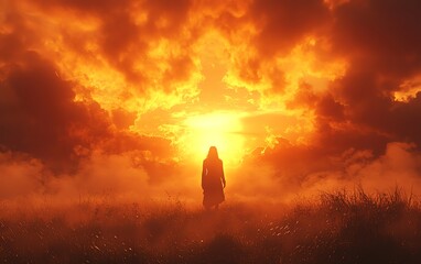 A lone figure silhouetted in front of a vibrant sunset, capturing a moment of faith and reflection, with the warm light surrounding the figure in a divine aura