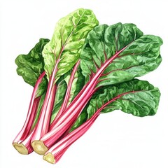 Illustration of fresh chard with vibrant green leaves and red stems.