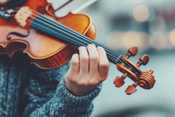 Violin player showcasing musical talent in urban setting during sunset hours