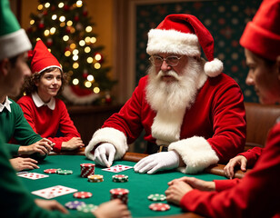 Santa Claus enjoying a festive card game with friends dressed in Christmas attire during a holiday...