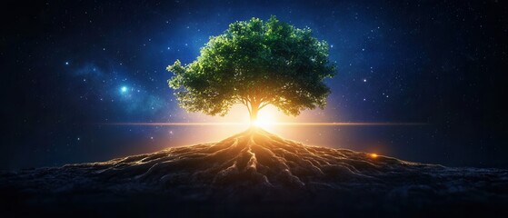 Lone tree illuminated by cosmic light against a starry sky backdrop.