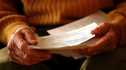 Naklejka premium Close-up of senior hands holding financial papers, with a calculator and notepad nearby, conveying the importance of retirement preparation