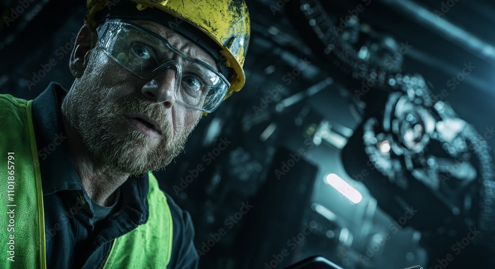 Poster A manager or industrial engineer utilizes a tablet to control robotic arms in a factory, focusing on automation and network connections. AI, Stock.