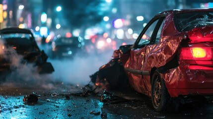 Fototapeta premium Damaged cars in a rear-end collision with smoke and blurred lights, capturing the tension of the crash aftermath