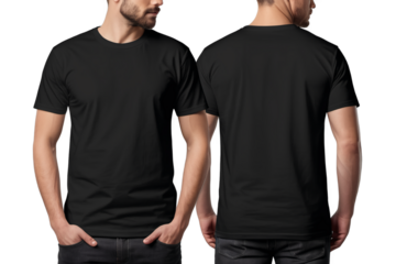 Black t-shirt for mockup on male model, front and back view, isolated on white or transparent background