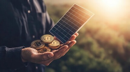 Investor holding a report labeled  Solar Energy Dividends,  stock charts in the background
