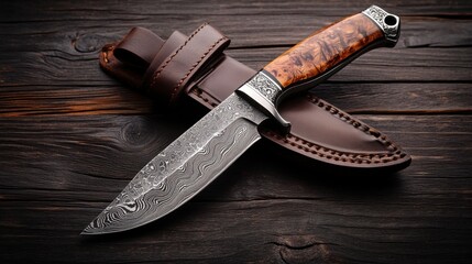 Damascus steel knife with ornate patterns, paired with a leather sheath, set on a sleek, dark wooden backdrop.