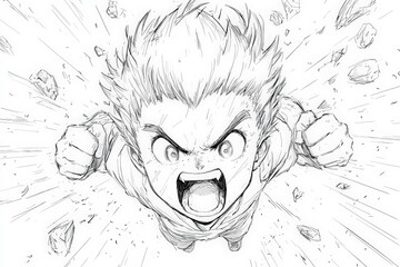 manga character with spiky hair is depicted in intense battle pose, shouting with determination. background features explosive effects and flying debris, enhancing dramatic scene
