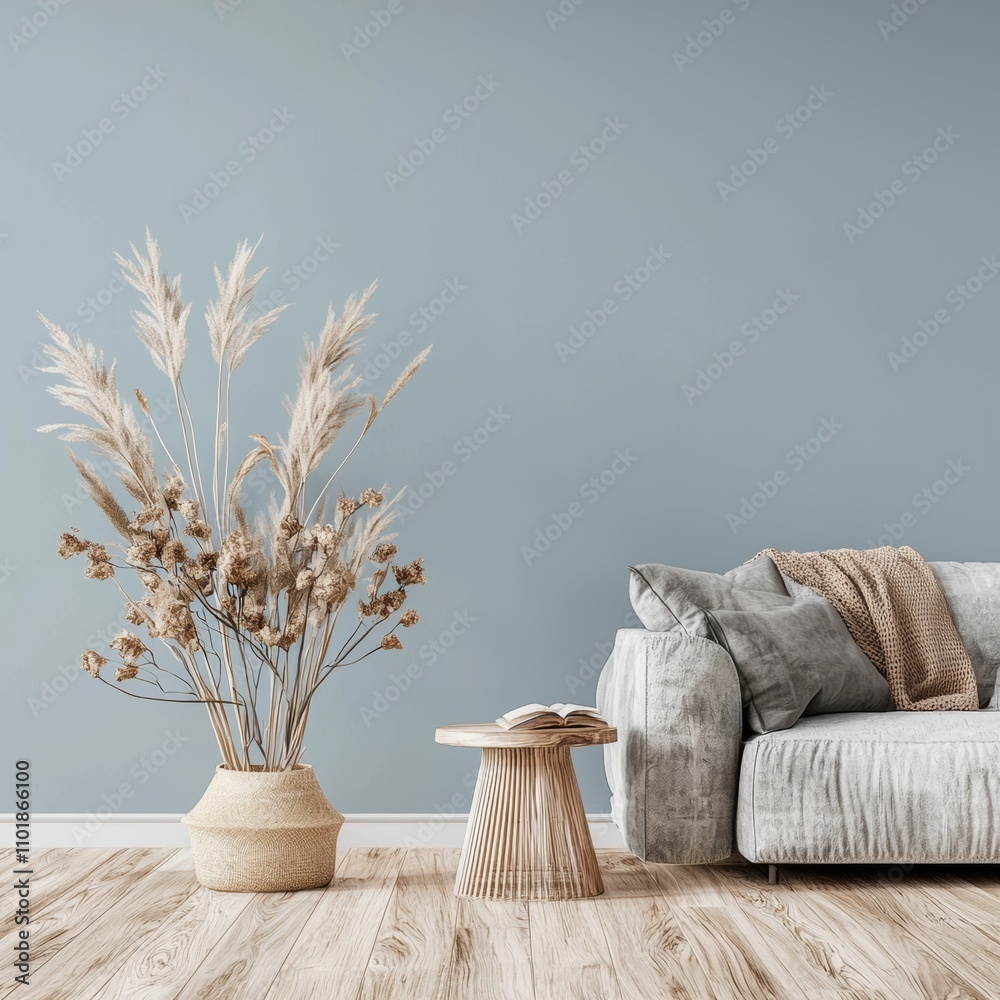 Aufkleber the 3d rendering of a modern living room with a blue sofa and an empty mock up wall background is in