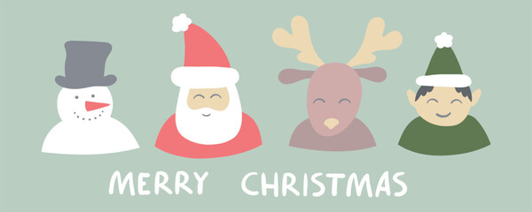 Merry Christmas and happy new year greeting card with cute simple Santa Claus, little elf, snowman and deer. Holiday cartoon flat character in winter season.