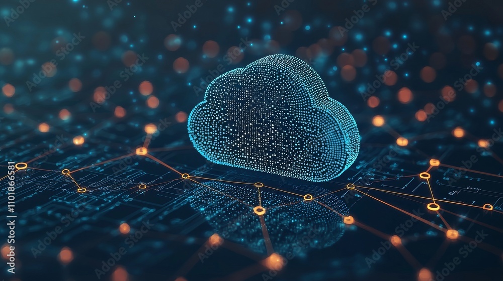 Aufkleber In cloud computing, the data storage and transfer concept is symbolized by a white polygonal structure connected to a dark blue background with small padlocks scattered throughout.